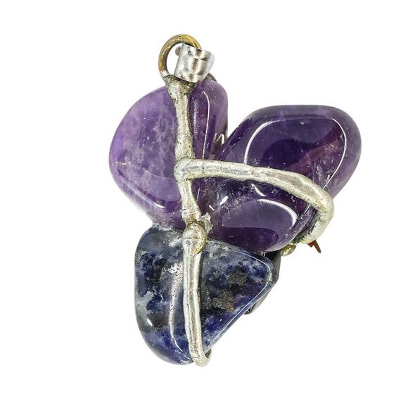 Brutalist Organic Freeform Boho Pendant Natural Amethyst Sodalite Rock Crystal - Picture 4 of 5